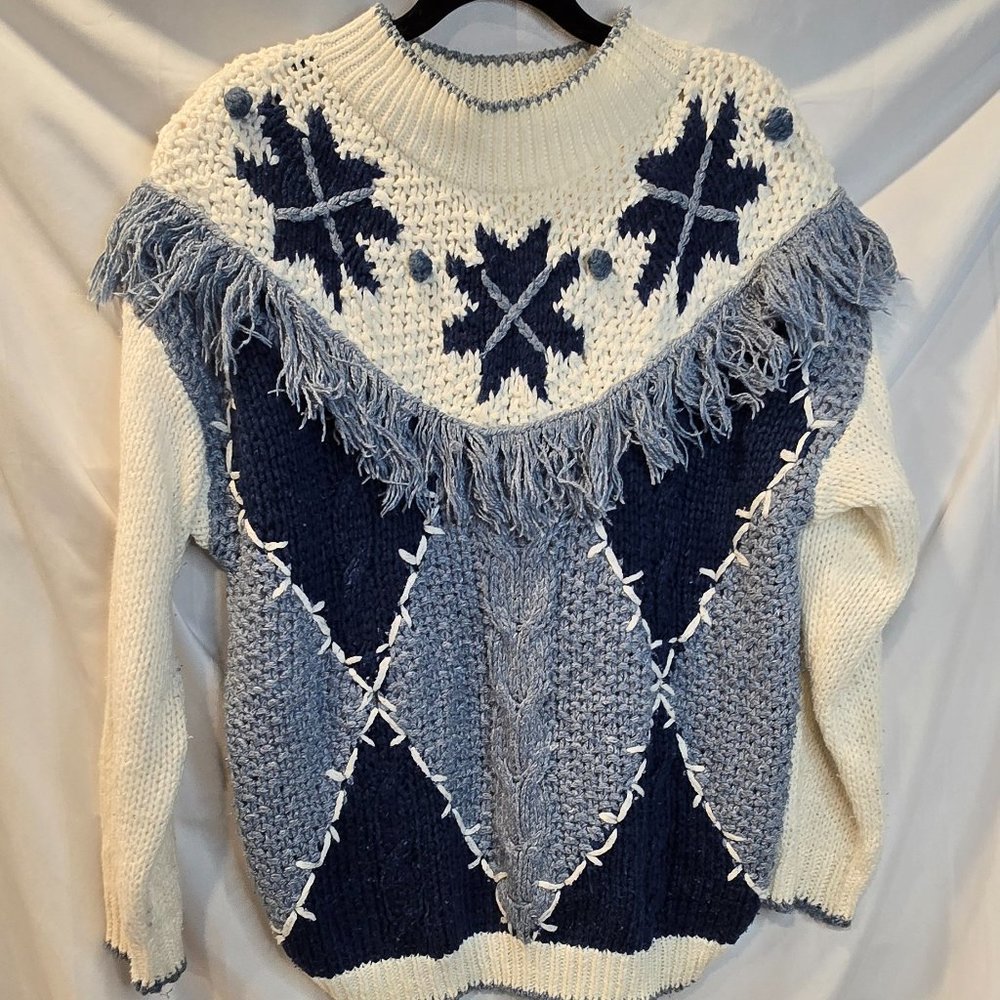 Vintage Margules Knited Sweater Blue/White Size Large Fringe Unique